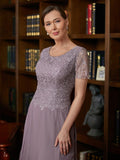 Nora A-Line/Princess Chiffon Lace Scoop Short Sleeves Ankle-Length Mother of the Bride Dresses STKP0020353