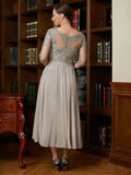 Maleah A-Line/Princess Chiffon Lace Scoop 3/4 Sleeves Tea-Length Mother of the Bride Dresses STKP0020300