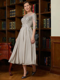 Maleah A-Line/Princess Chiffon Lace Scoop 3/4 Sleeves Tea-Length Mother of the Bride Dresses STKP0020300