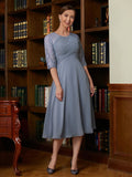 Madge A-Line/Princess Chiffon Lace Scoop 1/2 Sleeves Tea-Length Mother of the Bride Dresses STKP0020356