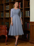 Madge A-Line/Princess Chiffon Lace Scoop 1/2 Sleeves Tea-Length Mother of the Bride Dresses STKP0020356