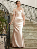 Jamya Sheath/Column Satin Lace Sweetheart Short Sleeves Floor-Length Mother of the Bride Dresses STKP0020314