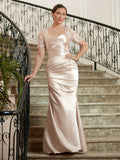 Jamya Sheath/Column Satin Lace Sweetheart Short Sleeves Floor-Length Mother of the Bride Dresses STKP0020314