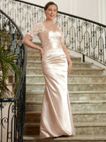 Jamya Sheath/Column Satin Lace Sweetheart Short Sleeves Floor-Length Mother of the Bride Dresses STKP0020314