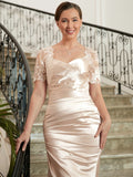 Jamya Sheath/Column Satin Lace Sweetheart Short Sleeves Floor-Length Mother of the Bride Dresses STKP0020314