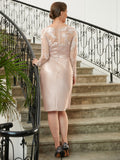 Julia Sheath/Column Satin Lace V-neck Long Sleeves Knee-Length Mother of the Bride Dresses STKP0020359