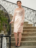 Julia Sheath/Column Satin Lace V-neck Long Sleeves Knee-Length Mother of the Bride Dresses STKP0020359