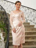 Julia Sheath/Column Satin Lace V-neck Long Sleeves Knee-Length Mother of the Bride Dresses STKP0020359