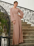 Kennedi A-Line/Princess Chiffon Applique V-neck Long Sleeves Floor-Length Mother of the Bride Dresses STKP0020313