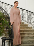 Kennedi A-Line/Princess Chiffon Applique V-neck Long Sleeves Floor-Length Mother of the Bride Dresses STKP0020313