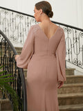 Kennedi A-Line/Princess Chiffon Applique V-neck Long Sleeves Floor-Length Mother of the Bride Dresses STKP0020313