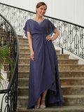 Hazel A-Line/Princess Chiffon Beading V-neck Short Sleeves Asymmetrical Mother of the Bride Dresses STKP0020312