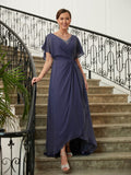 Hazel A-Line/Princess Chiffon Beading V-neck Short Sleeves Asymmetrical Mother of the Bride Dresses STKP0020312