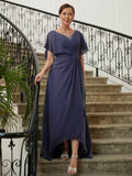 Hazel A-Line/Princess Chiffon Beading V-neck Short Sleeves Asymmetrical Mother of the Bride Dresses STKP0020312