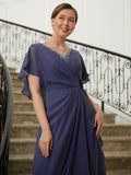 Hazel A-Line/Princess Chiffon Beading V-neck Short Sleeves Asymmetrical Mother of the Bride Dresses STKP0020312