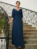 Isla A-Line/Princess Chiffon Ruched V-neck 1/2 Sleeves Floor-Length Mother of the Bride Dresses STKP0020344