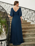 Isla A-Line/Princess Chiffon Ruched V-neck 1/2 Sleeves Floor-Length Mother of the Bride Dresses STKP0020344