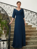 Isla A-Line/Princess Chiffon Ruched V-neck 1/2 Sleeves Floor-Length Mother of the Bride Dresses STKP0020344