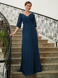 Isla A-Line/Princess Chiffon Ruched V-neck 1/2 Sleeves Floor-Length Mother of the Bride Dresses STKP0020344