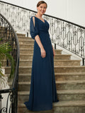 Isla A-Line/Princess Chiffon Ruched V-neck 1/2 Sleeves Floor-Length Mother of the Bride Dresses STKP0020344