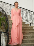 Julia A-Line/Princess Chiffon Ruched V-neck Long Sleeves Sweep/Brush Train Mother of the Bride Dresses STKP0020305