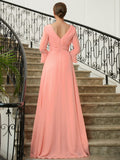 Julia A-Line/Princess Chiffon Ruched V-neck Long Sleeves Sweep/Brush Train Mother of the Bride Dresses STKP0020305