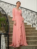 Julia A-Line/Princess Chiffon Ruched V-neck Long Sleeves Sweep/Brush Train Mother of the Bride Dresses STKP0020305