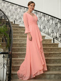 Julia A-Line/Princess Chiffon Ruched V-neck Long Sleeves Sweep/Brush Train Mother of the Bride Dresses STKP0020305