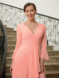 Julia A-Line/Princess Chiffon Ruched V-neck Long Sleeves Sweep/Brush Train Mother of the Bride Dresses STKP0020305