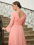 Julia A-Line/Princess Chiffon Ruched V-neck Long Sleeves Sweep/Brush Train Mother of the Bride Dresses STKP0020305