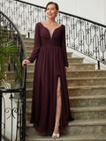 Kali A-Line/Princess Chiffon Ruched V-neck Long Sleeves Floor-Length Mother of the Bride Dresses STKP0020345