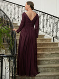 Kali A-Line/Princess Chiffon Ruched V-neck Long Sleeves Floor-Length Mother of the Bride Dresses STKP0020345