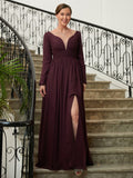 Kali A-Line/Princess Chiffon Ruched V-neck Long Sleeves Floor-Length Mother of the Bride Dresses STKP0020345