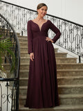 Kali A-Line/Princess Chiffon Ruched V-neck Long Sleeves Floor-Length Mother of the Bride Dresses STKP0020345