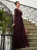 Kali A-Line/Princess Chiffon Ruched V-neck Long Sleeves Floor-Length Mother of the Bride Dresses STKP0020345