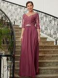 Payten A-Line/Princess Chiffon Lace V-neck 3/4 Sleeves Floor-Length Mother of the Bride Dresses STKP0020306