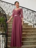 Payten A-Line/Princess Chiffon Lace V-neck 3/4 Sleeves Floor-Length Mother of the Bride Dresses STKP0020306