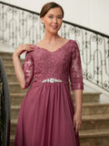 Payten A-Line/Princess Chiffon Lace V-neck 3/4 Sleeves Floor-Length Mother of the Bride Dresses STKP0020306