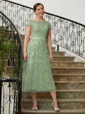 Lucy A-Line/Princess Tulle Lace Scoop Short Sleeves Tea-Length Mother of the Bride Dresses STKP0020318