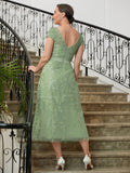 Lucy A-Line/Princess Tulle Lace Scoop Short Sleeves Tea-Length Mother of the Bride Dresses STKP0020318