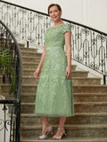 Lucy A-Line/Princess Tulle Lace Scoop Short Sleeves Tea-Length Mother of the Bride Dresses STKP0020318