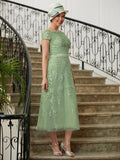 Lucy A-Line/Princess Tulle Lace Scoop Short Sleeves Tea-Length Mother of the Bride Dresses STKP0020318