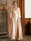 Brittany A-Line/Princess Elastic Woven Satin Ruched V-neck 3/4 Sleeves Ankle-Length Mother of the Bride Dresses STKP0020362