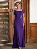 Sloane Sheath/Column Jersey Beading Square Short Sleeves Floor-Length Mother of the Bride Dresses STKP0020333