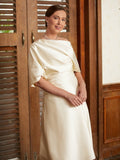 Violet A-Line/Princess Charmeuse Ruched Off-the-Shoulder 1/2 Sleeves Tea-Length Mother of the Bride Dresses STKP0020363