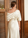 Violet A-Line/Princess Charmeuse Ruched Off-the-Shoulder 1/2 Sleeves Tea-Length Mother of the Bride Dresses STKP0020363