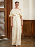 Savannah Sheath/Column Charmeuse Ruched Off-the-Shoulder Short Sleeves Floor-Length Mother of the Bride Dresses STKP0020309