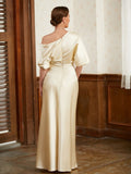 Savannah Sheath/Column Charmeuse Ruched Off-the-Shoulder Short Sleeves Floor-Length Mother of the Bride Dresses STKP0020309