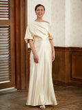 Savannah Sheath/Column Charmeuse Ruched Off-the-Shoulder Short Sleeves Floor-Length Mother of the Bride Dresses STKP0020309