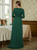 Esperanza A-Line/Princess Jersey Beading V-neck Long Sleeves Sweep/Brush Train Mother of the Bride Dresses STKP0020357